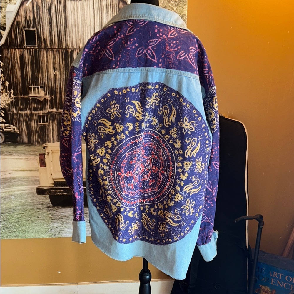 Upcycled Denim and Purple Paisley Button-Up shacket